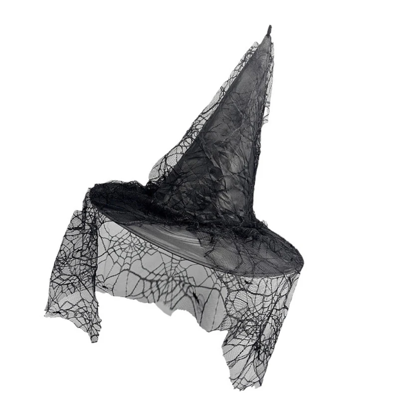 

Halloween Party Witch Hats Cobweb Black Ruffled Sheer Pointed Hat Cosplay Accessory Unique Witch Hat