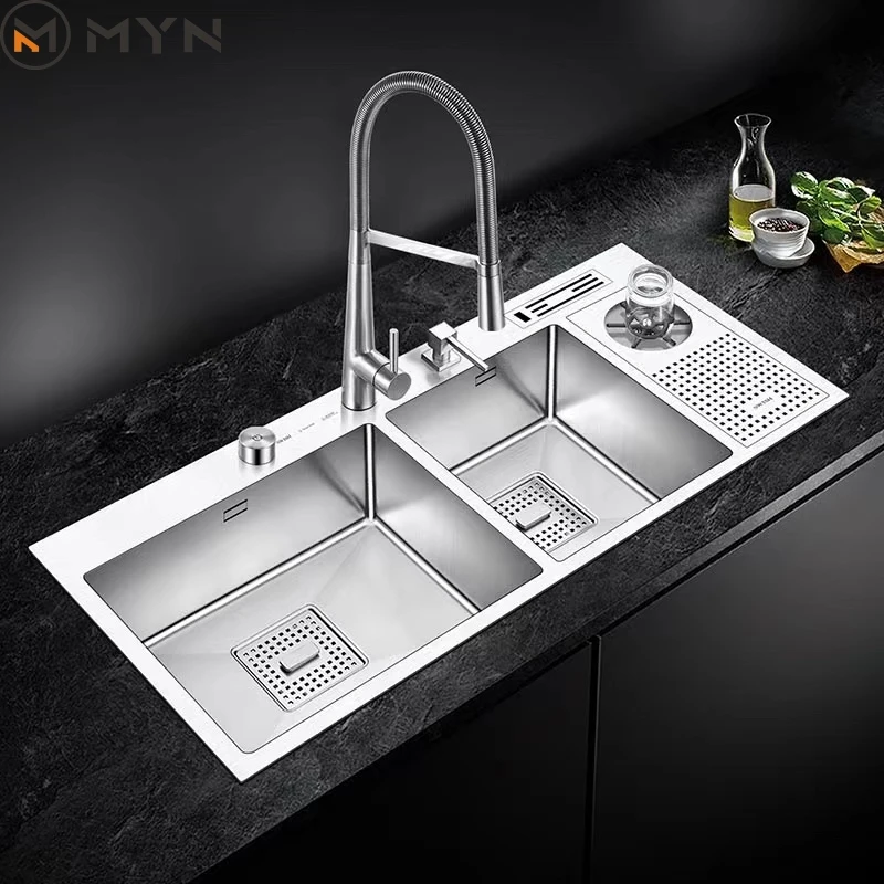 Kitchen Sink SUS304 Handmade Double Bowl Kitchen Cup Rinser Cleaner Sprinkler Drainer Fregadero De Cocina