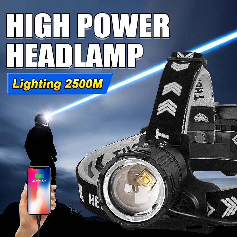 Newest High Power Headlamp Rechargeable Super Bright Head Mounted Flashlight Zoom Led Headlight Special Outdoor Work Searchlight