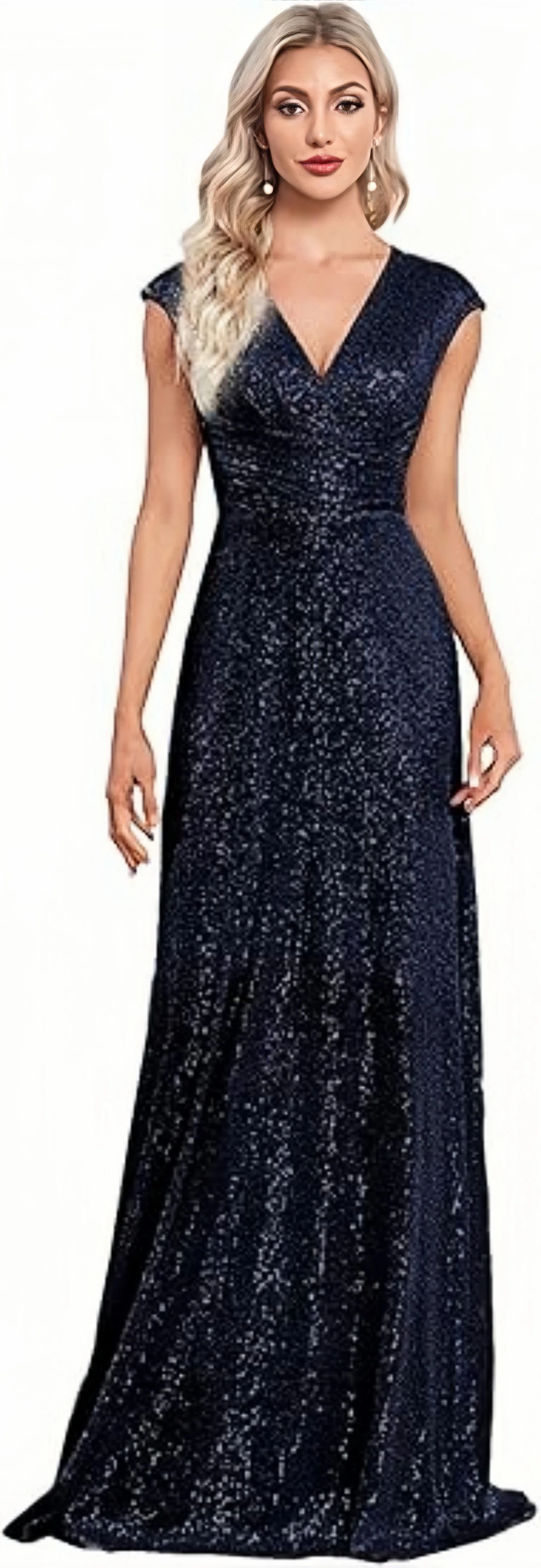 TXxuelian V-neck Evening Dress Floor Length Party Gown Sequins Sleeveless Formal Prom  Dress for Women A-line Guest Dress