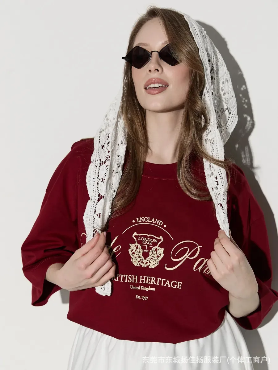 Retro British Heritage Hyde Park T-Shirt | 100%Cotton Casual Streetwear Elegant Women Holiday Fashion Sweet Tees Wine Red Summer