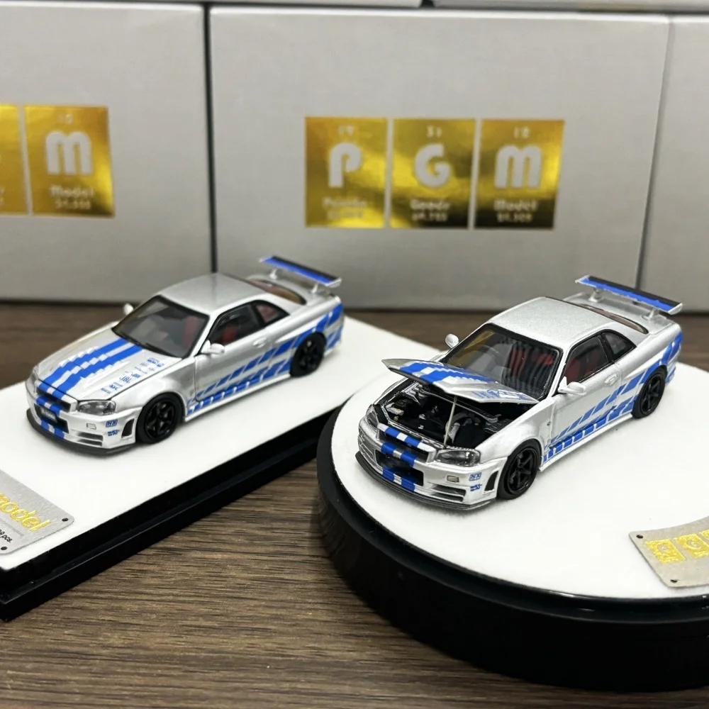 

Newly Stocks PGM 1:64 Diecast Fully Opened GTR R34 Z-TUNE Fast and Furious Silver Blue Stripe Color In 2024