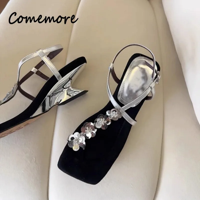 

Comemore Summer Low Heels Women Sandals Elegant Designer Sequin Flower Pumps Outdoor Wedges Heel Roman Shoes Ladies Footwears