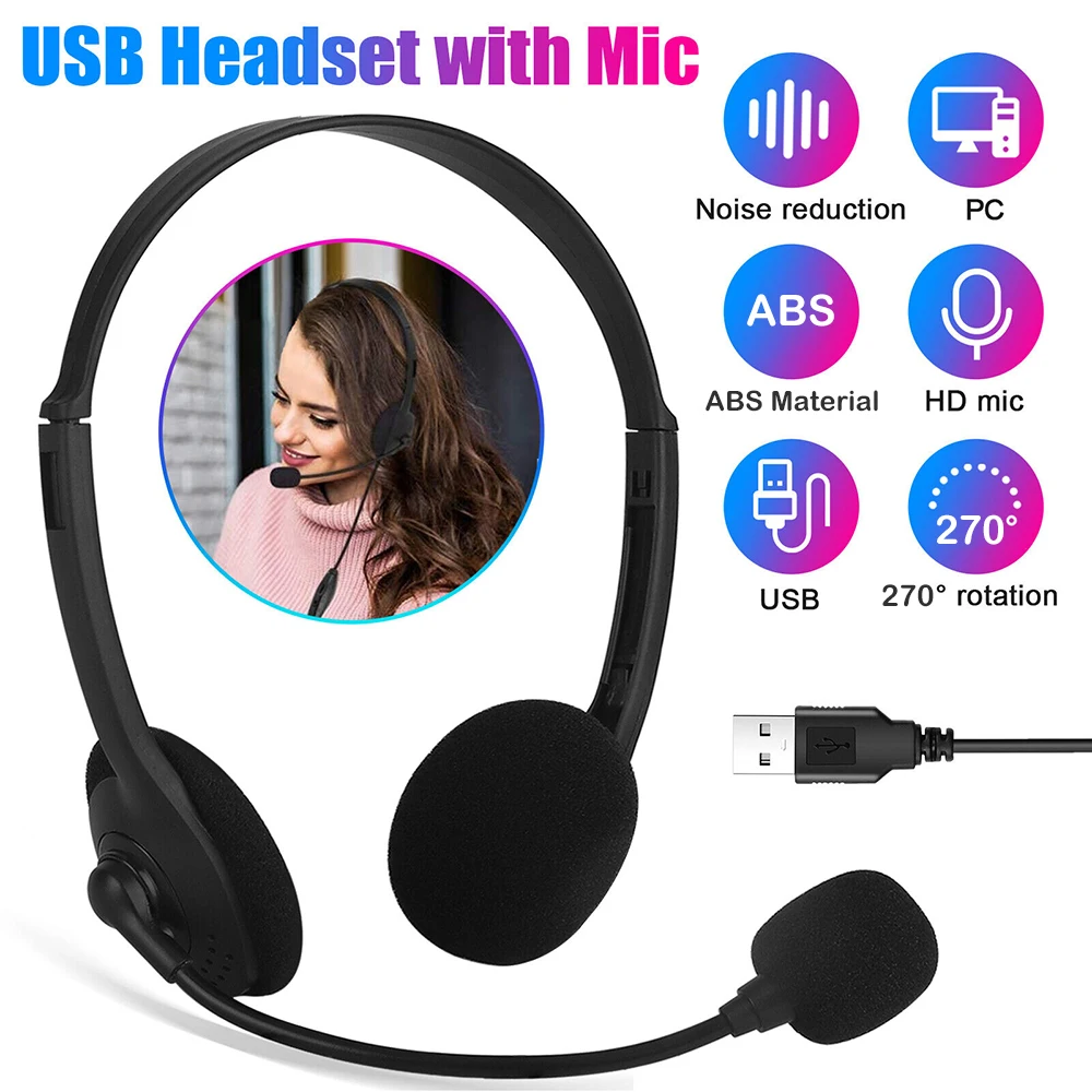 마이크 포함 USB 헤드셋 노이즈 캔슬링 헤드폰, 오디오 컨트롤, 유선 PC 헤드셋, 콜센터 사무실 학교 PC 게임용