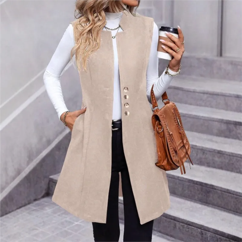 

2025 Women's Sleeveless Cardigan Vest Fashion Solid Slim Mid-length Vest Jacket Open Front Casual Cover-ups Pockets Ladies Coat