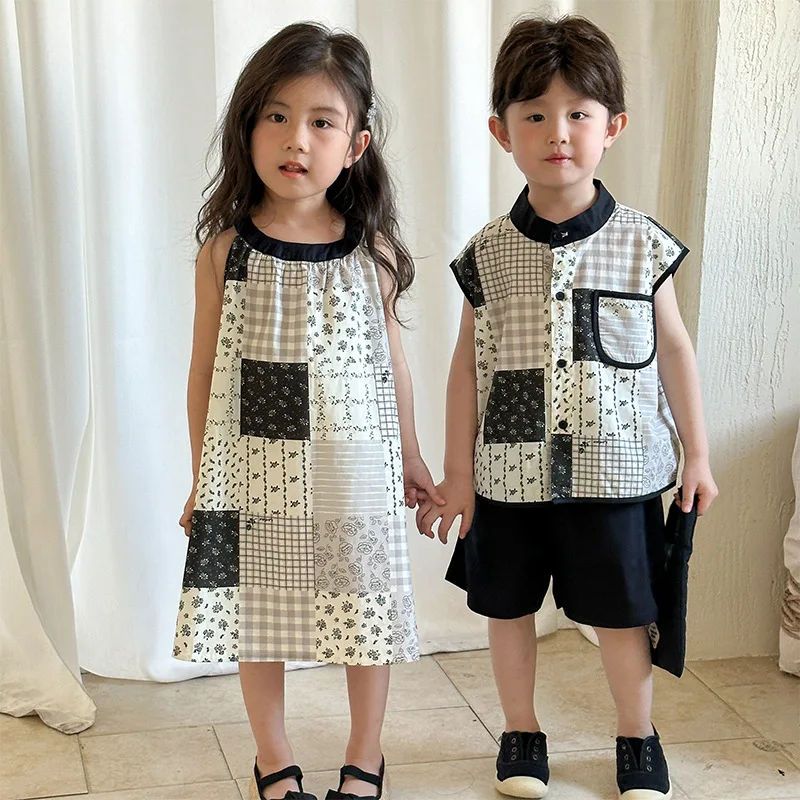 New Children's Summer Sets For Boy Girls Retro Print Baby's Sleeveless Vest Dress Shirts Shorts Siblings Casual Outfit