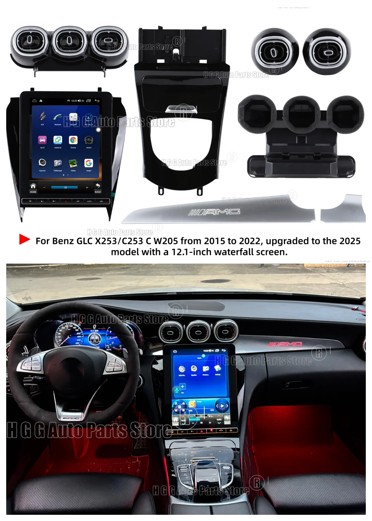 12.1" Android 14 Carplay Auto Car Radio For Mercedes Benz C Class W205 GLC X253 2015-2022 Screen GPS Multimedia Stereo Player