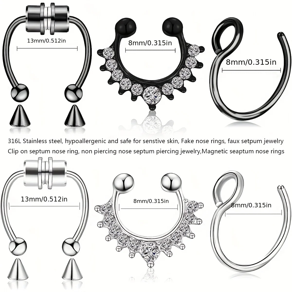 1Pcs/3Pcs Men Stainless Steel Fake Nose Ring Set Fake Nose Septum Ring Magnetic Non-Piercing Cartilage Earring For Woman view 4