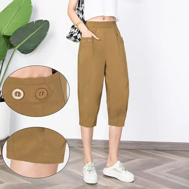 

Women Capris Pants 2024 Summer Casual Loosesolid Color Calf-Length Pants Fashion Large Pocket Elastic Waist Harem Pants