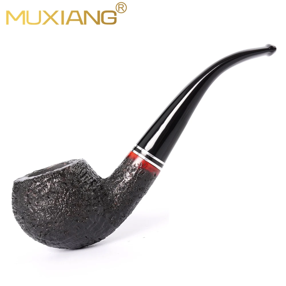 MUXIANG Handmade Briar Wood Bent Apple Tobacco Pipe Detachable Acrylic Mouthpiece With Metal Double Ring 9mm Filter Channel