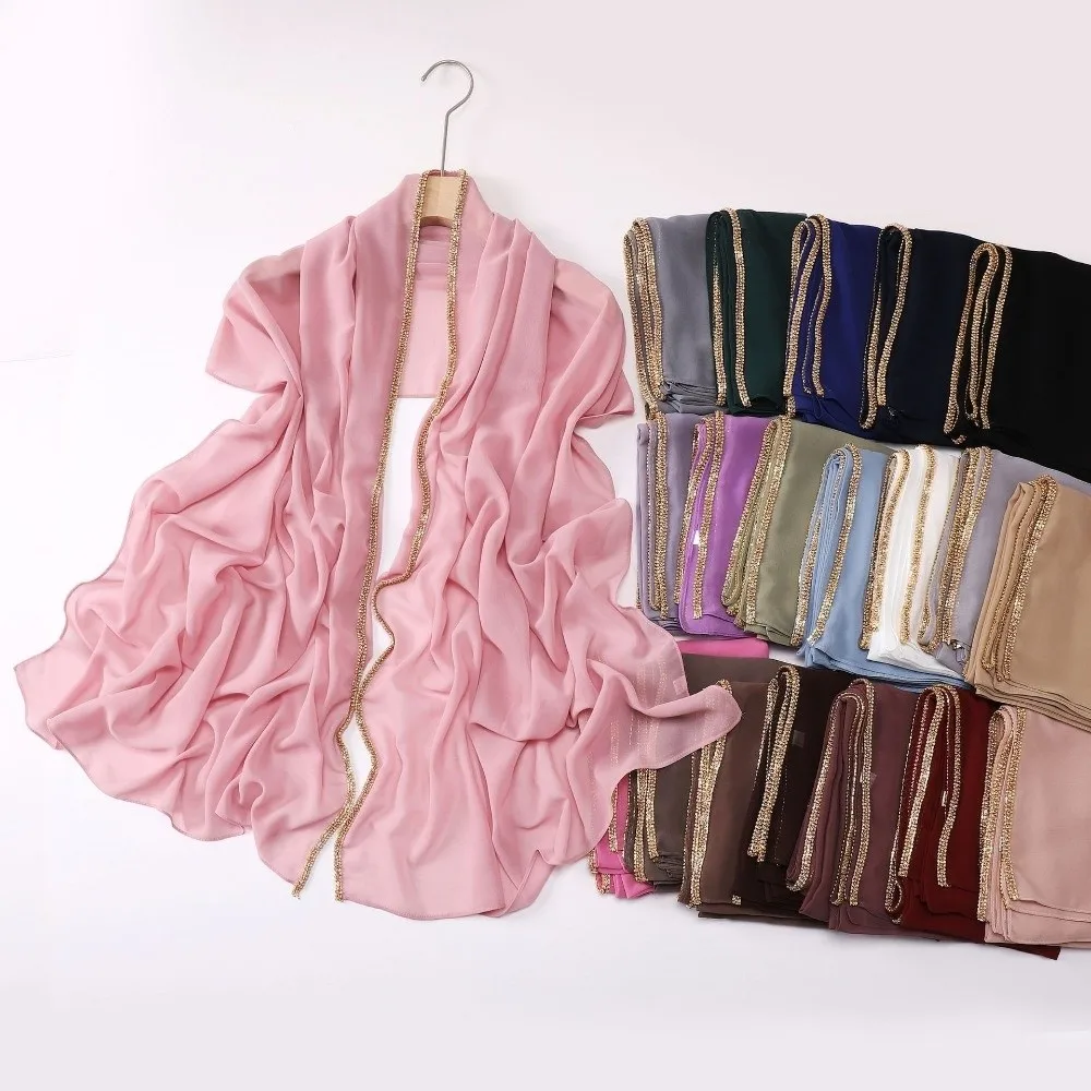 

Versatile Elegant Silk Scarf Shining Long Sunscreen Shawl Diamond Border Design Breathable Ramadan Headscarf Women Headwear