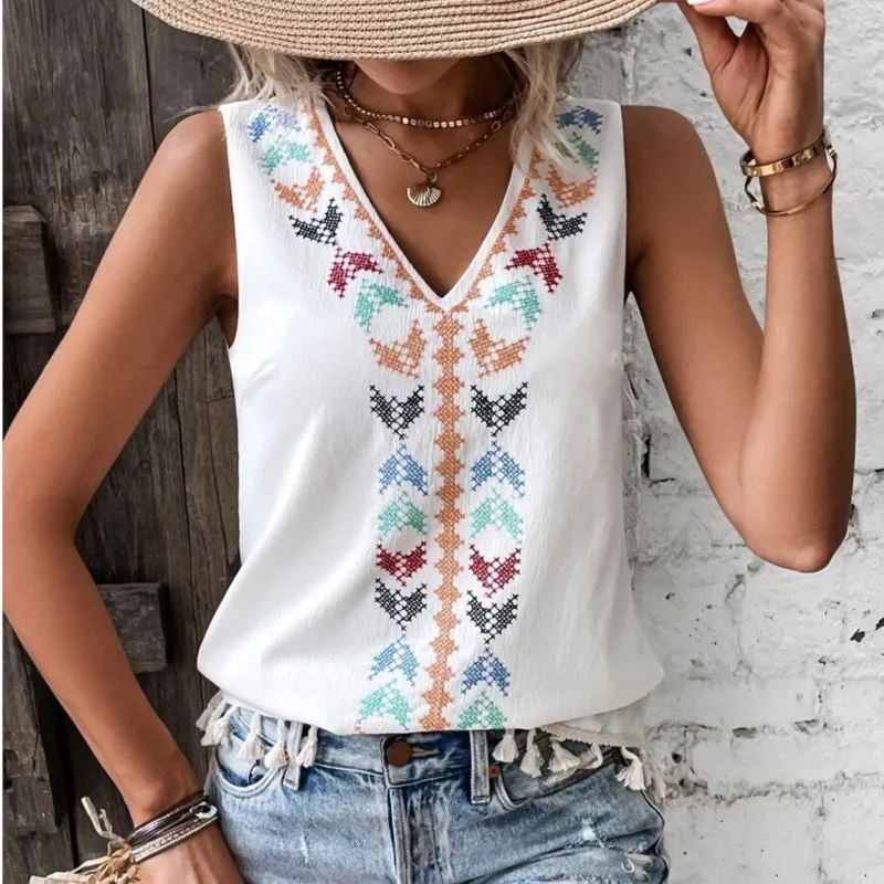 

Women's Summer Ethnic Style V-neck Embroidered Patchwork Bottom Mustache Vest Top Vintage Sleeveless Blouse Tank Tops 2024