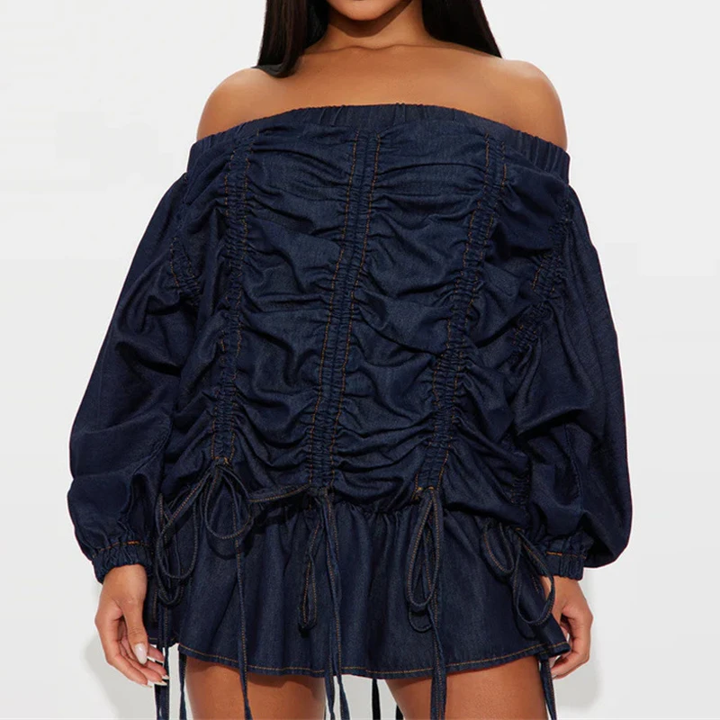 

Элегантное джинсовое короткое платье с длинным рукавом, на одно плечо, с завязками, однотонное, с завышенной талией, для вечеринок