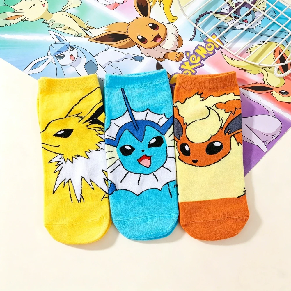 3 Paar neue japanische Cartoon-Pokémon-Baumwollsocken mit bedrucktem Muster für Damen, gestrickte Socken für den Sommer, lässige Vier-Jahreszeiten-Knöchelsocken