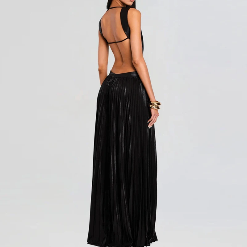 Sexy Hollow Out Backless Swing Beach Dress Spring Summer Sleeveless Solid Party Dress Women O-neck High Waist Pleated Long Dress