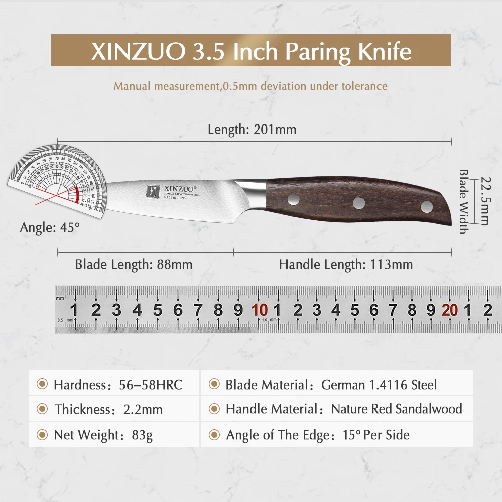 XINZUO 3.5\'\' Paring Knife GERMAN 1.4116 Stainless Steel Kitchen Knife Red Sandalwood Handle Fruit Utility Knives Kitchen Tackle