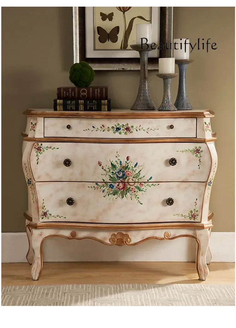 

European-Style Chest of Drawers Hallway Curio Cabinet Vintage Solid Wood Locker Storage Cabinet Painted