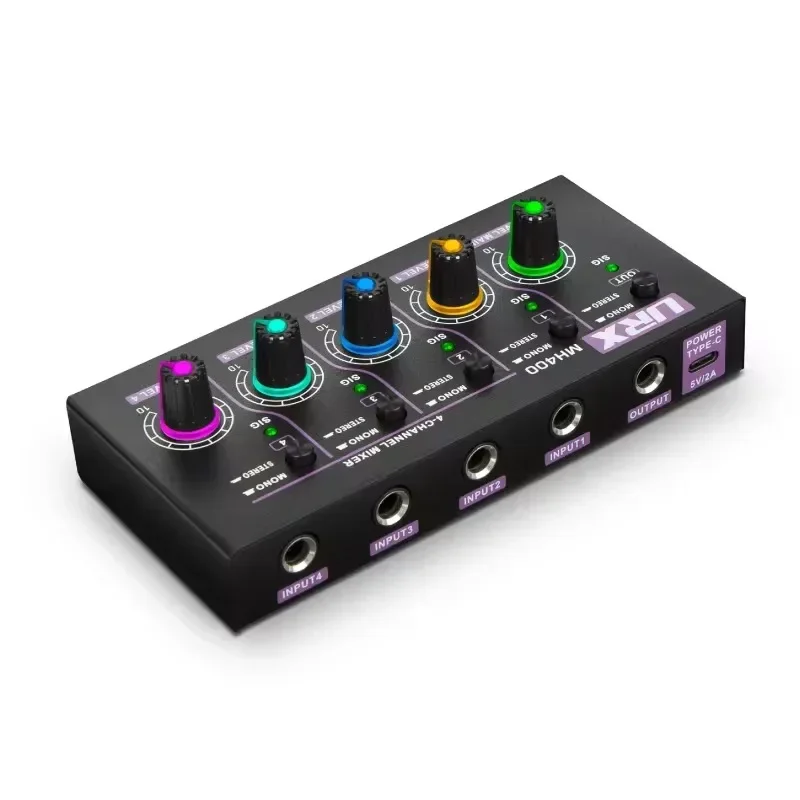 URX MH400 mini Stereo Ultra Low Noise 4 Channel Line Audio Mixer for Small Clubs or Bars,  Mic, Guitar, Bass, Keyboard or Stage