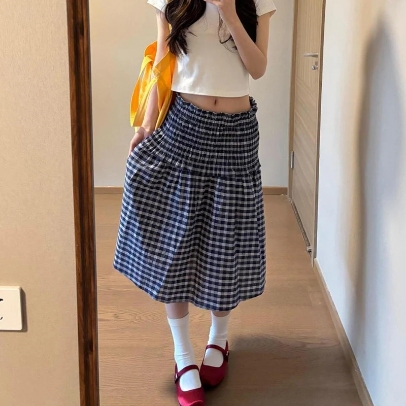 

Women Summer Patchwork Sleeveless A Line Dress Woman 2025 Chic Pleated Midi Skirts Female Korean Elastic High Waist Plaid Skirt