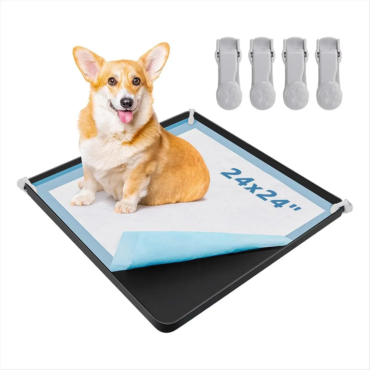 AA14 Dog Pee Pad Holder - Silicone Puppy Potty Tray with High Edge and 4 Clamps for Training, Fits Up to 24x24inch Pads