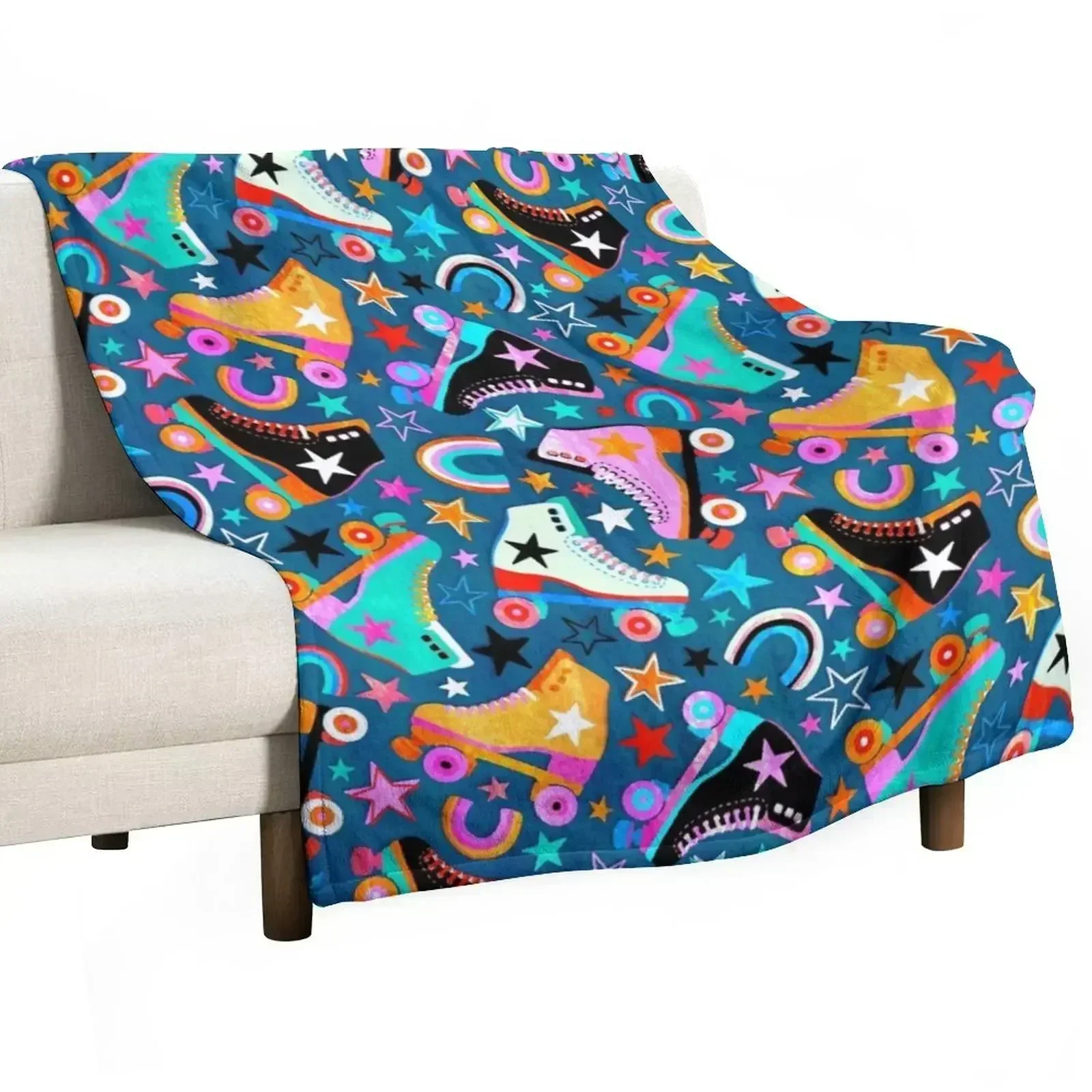 Retro Rainbow Roller Skates and Stars Throw Blanket Quilt Sofas blankets ands Moving Multi-Purpose Plaid Blankets