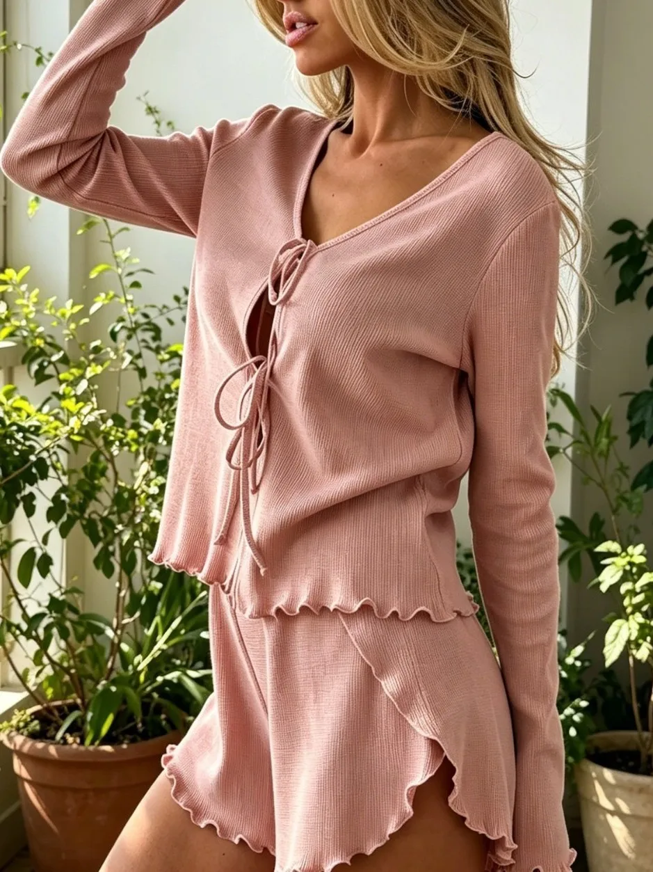 

Autumn New Arrival Casual Sleepwear Set Pure Desire Design Women's High Waist Short Pants Long Sleeve V-Neck Two-Piece Suit