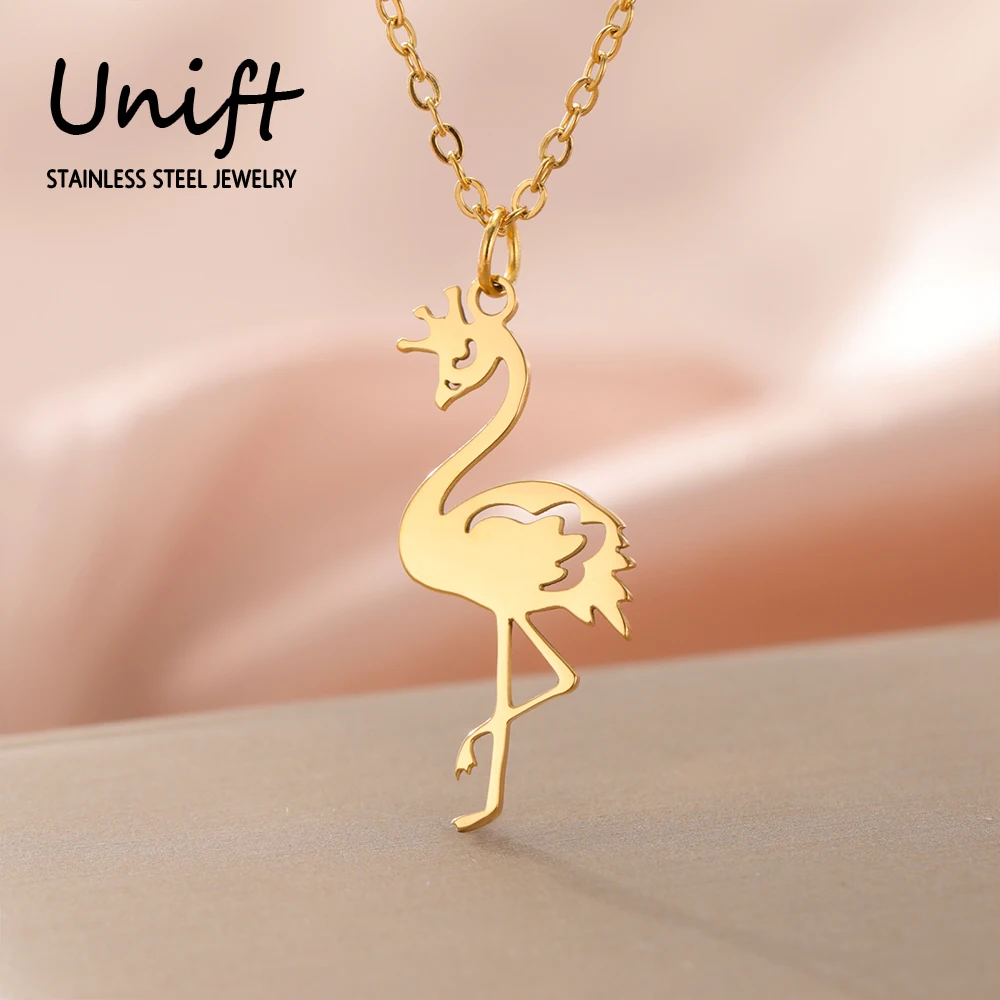 Unift Crown Flamingo Bird Pendant Necklaces Women  Stainless Steel Trendy Animal Flamingo Jewelry Hawaii Mother's Day Gift