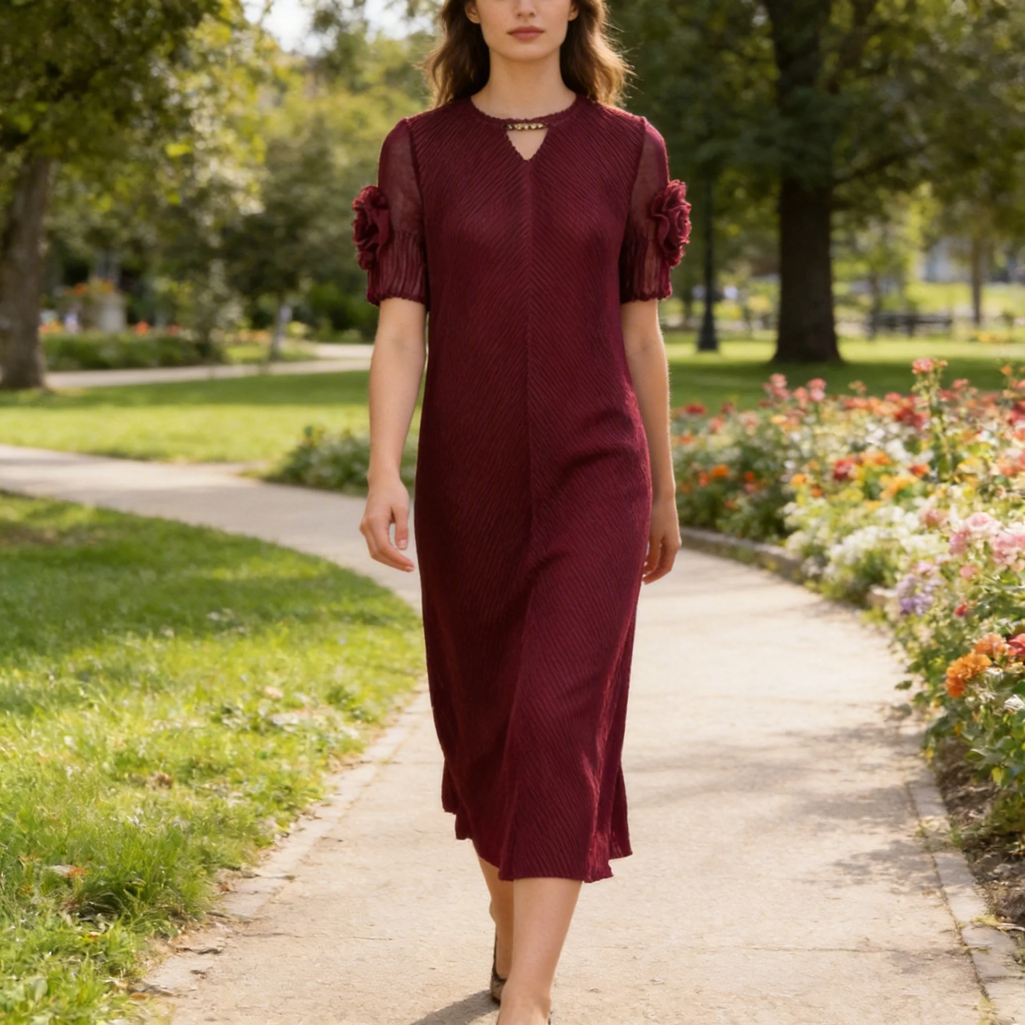 

Miyake Pleated Dress Women's Solid Color Niche Light Mature Style Three-dimensional Flower Loose Drape Elegant Mid-length Skirt