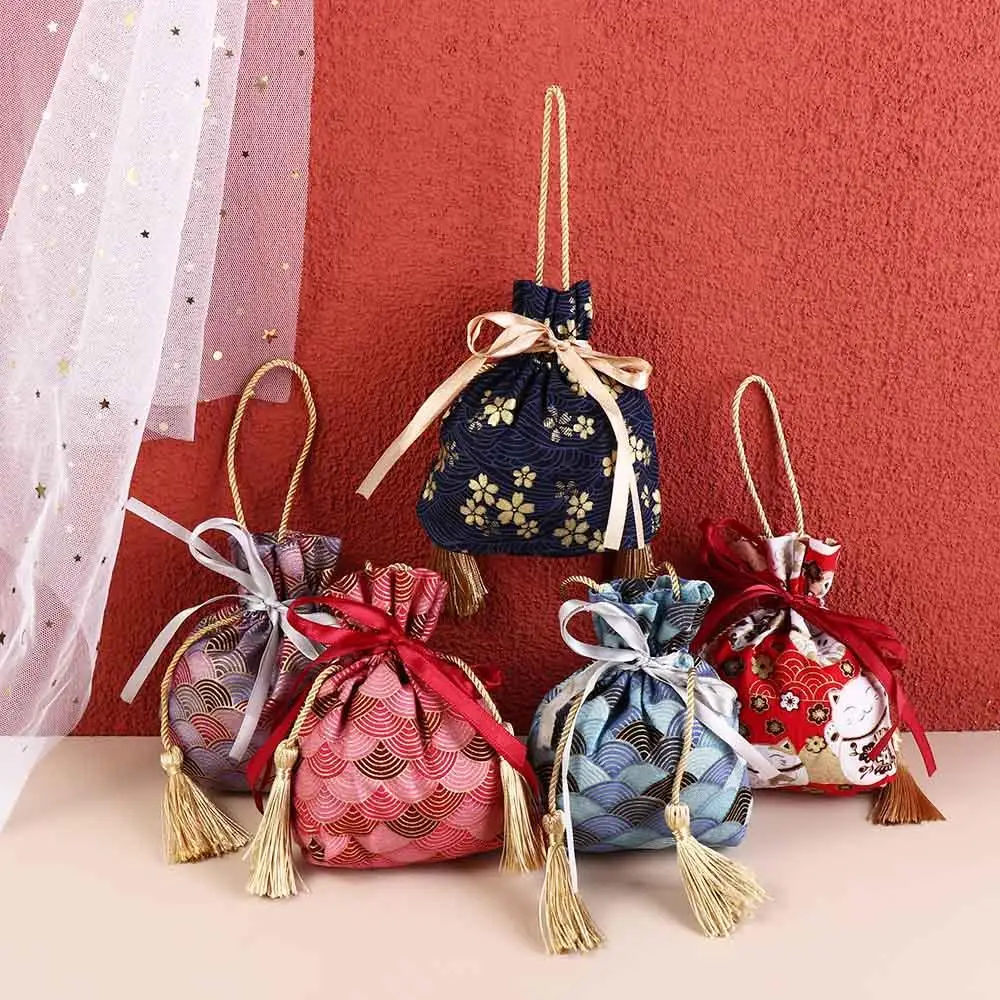 Sakura Floral Canvas Flower Drawstring Bag Stripe Lucky Cat Bowknot Tassel Handbag Large Capacity Wedding Candy Bag