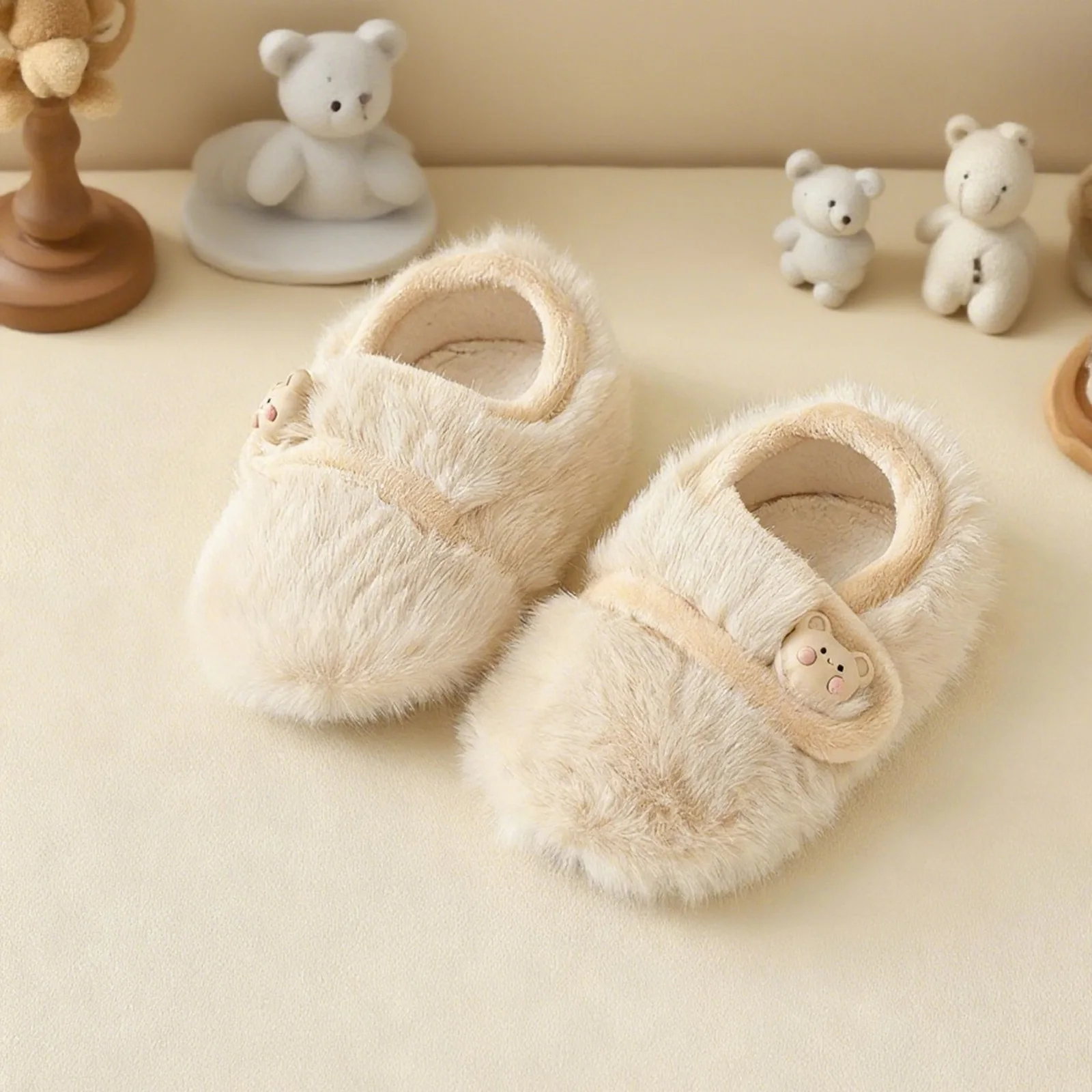 

Suefunskry Newborn Baby Boy Girl First Walking Shoes Cute Cartoon Bear Furry Non-slip Soft Sole Warm Shoes for Winter Fall