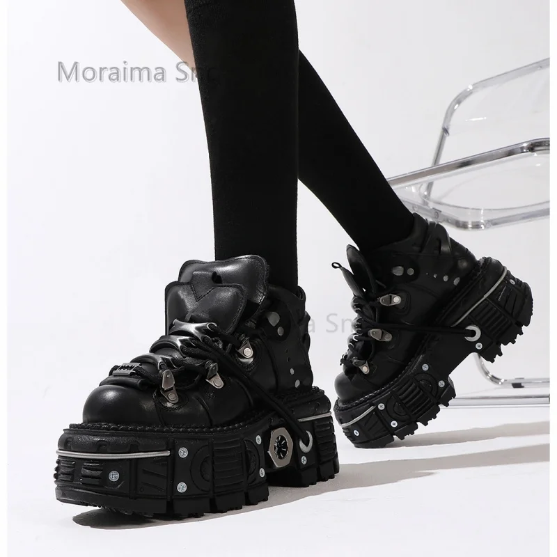 Vintage Metal High-Tops Platform Leather Shoes for Women Spanish Punk Thick Bottom Street Lady Lace Up Metal Decor Single Shoe