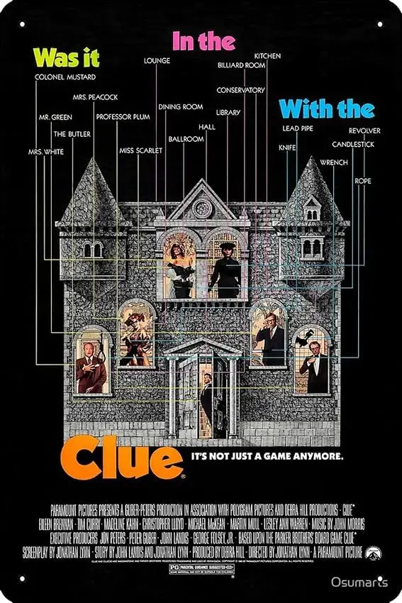 Affiche du film Clue de 1985, plaque en métal, décoration murale artistique pour la maison, 8x12 pouces