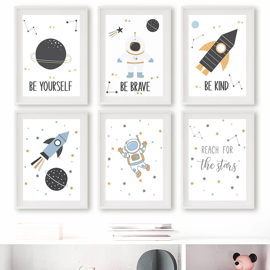 

Space Astronaut Rocket Sun Stars Planet Wall Art Canvas Nordic Poster Print for Nursery Child Room Decor Astronomical Theme