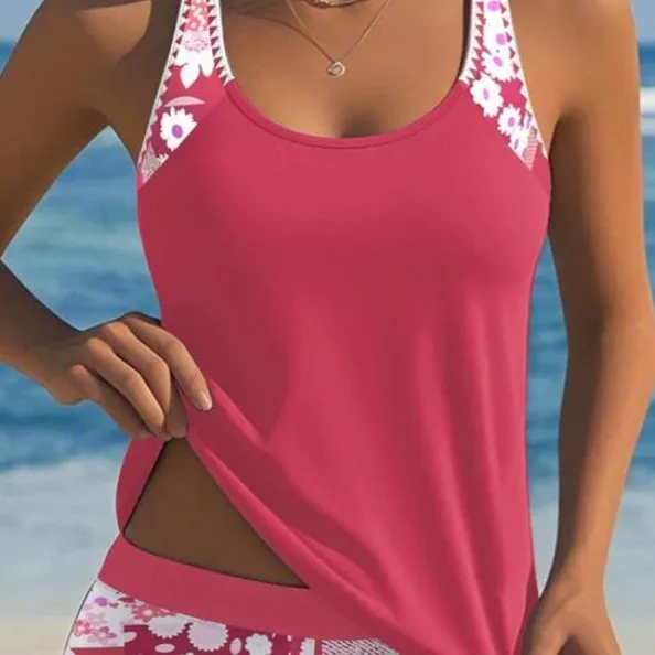 Women's Tankini Swimwear Sleeveless Floral Print Top Modest High Waist Shorts