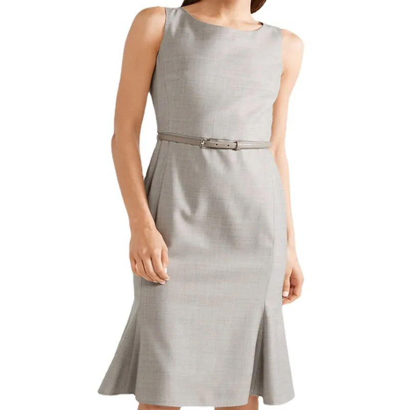 

Women's Gray O-Neck Sleeveless Work Dresses with Belt, Fashion, 4289