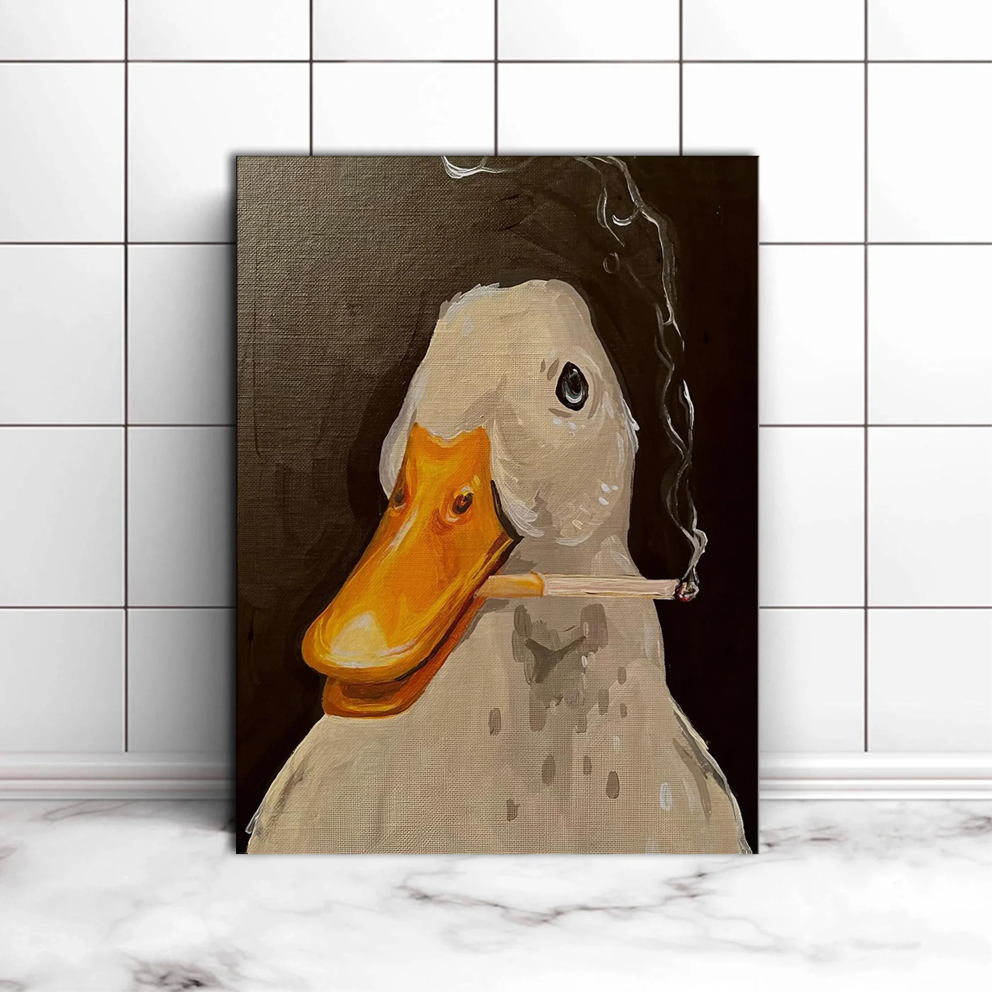 1 pieza de cuadro en lienzo sin marco, ilustración divertida de pato, arte de pared en lienzo, póster creativo de pato fumador e imágenes impresas para decoración.