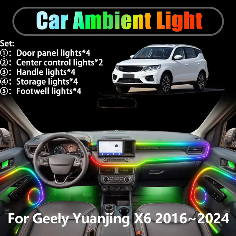 

Для Geely Yuanjing X6 NL -4 MK2 2016 ~ 2024 2/18 в 1 Автомобильное окружающее освещение Светодиодные внутренние светодиодные фонари багажника USB RGB Ensemble Streamer