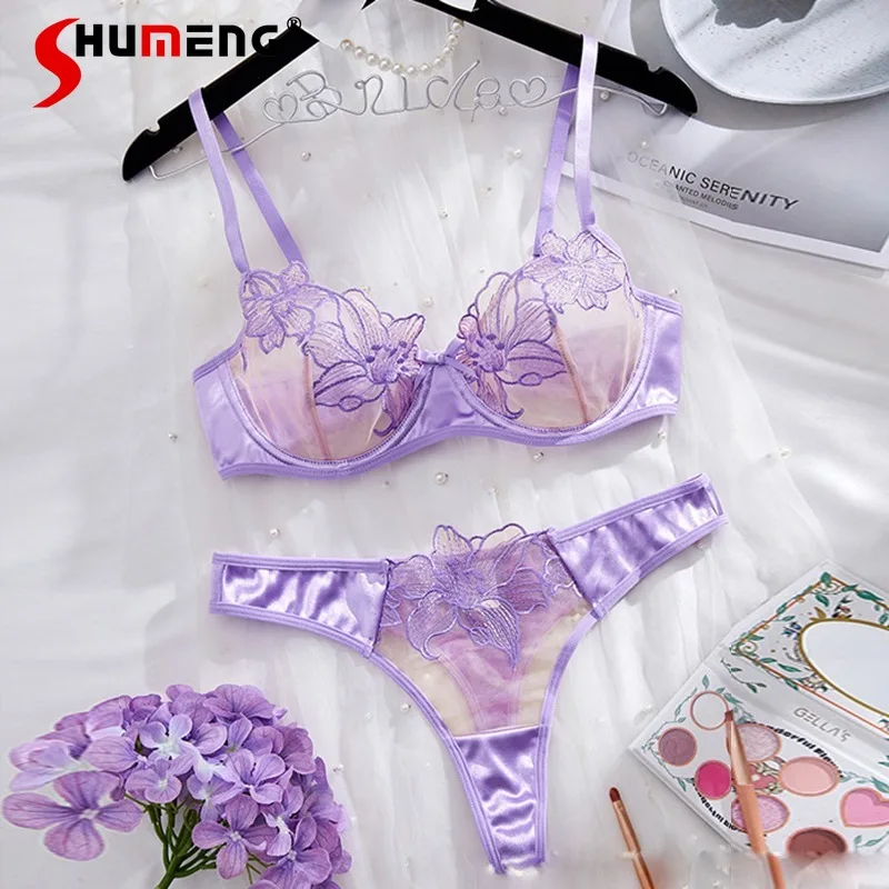 

Embroidered Transparent Sexy Lingerie for Women Pure Desire Style Ultra Thin Brief Sets Female Underwear with Underwire