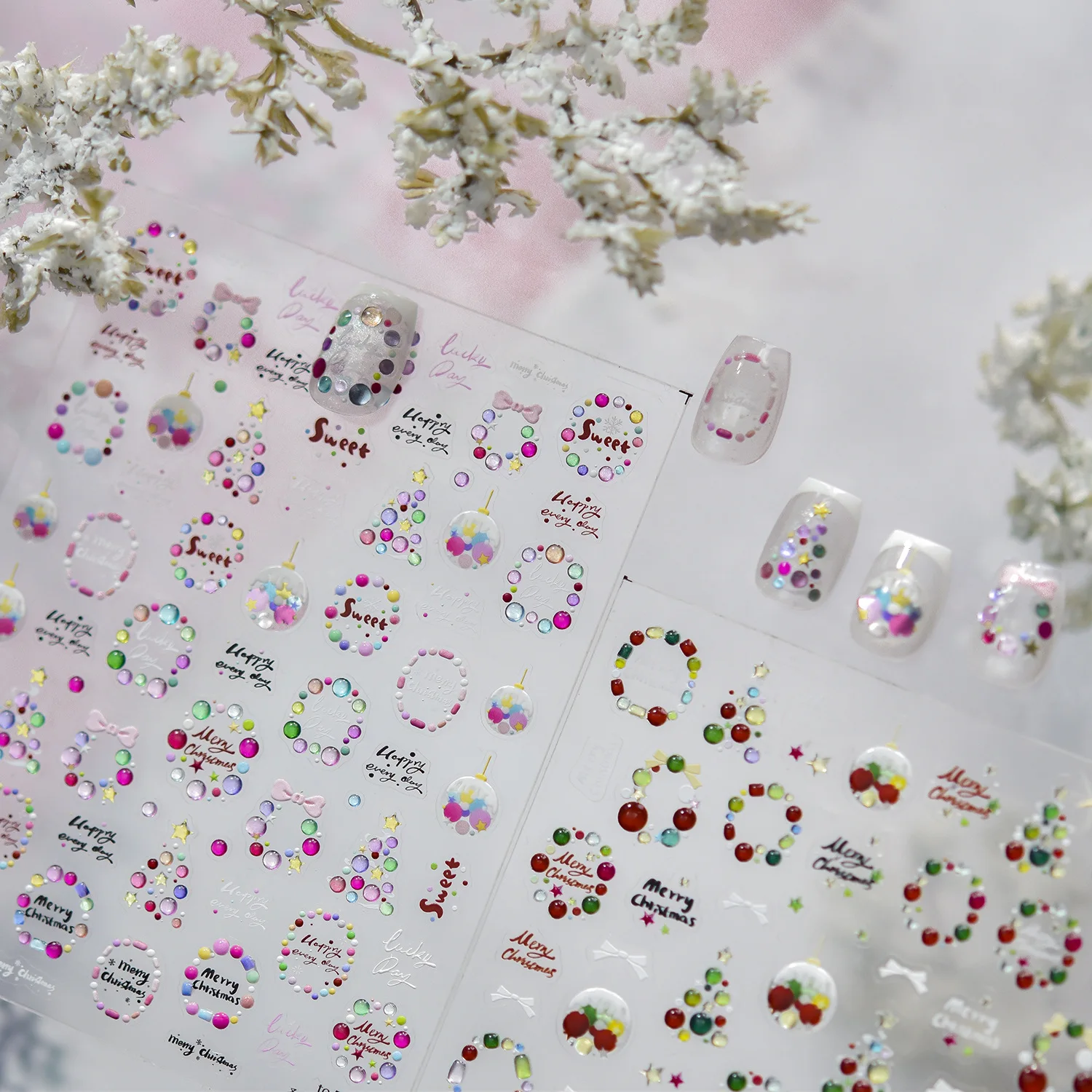 귀여운 꿈같은 크리스마스 컬러풀 볼 트리 리본 고품질 겨울 파티 네일 스티커 아트 장식 디자인 T-5409