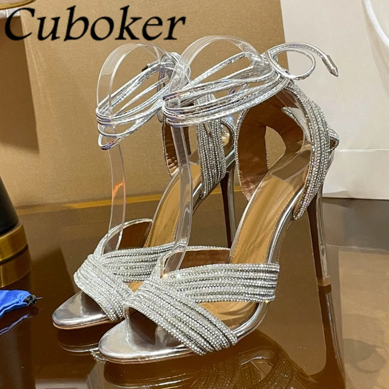 

2024 Summer Luxury Thin High Heel Crystal Sandals Fashion Peep Toe Ankle Wrap Pumps Ladies Sexy Party Wedding Bride Shoes Mujer