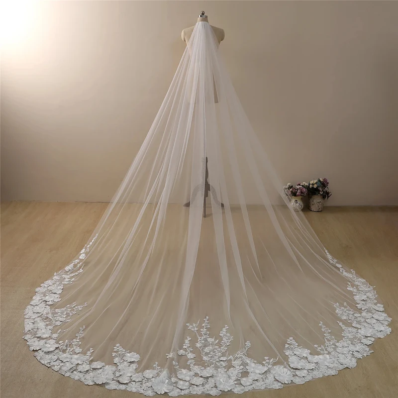 White 3 D Floral Flowers Bridal Veils With Comb Cathedral Long Wedding Accessories For Brides Leaves Uniques Lace Appilques