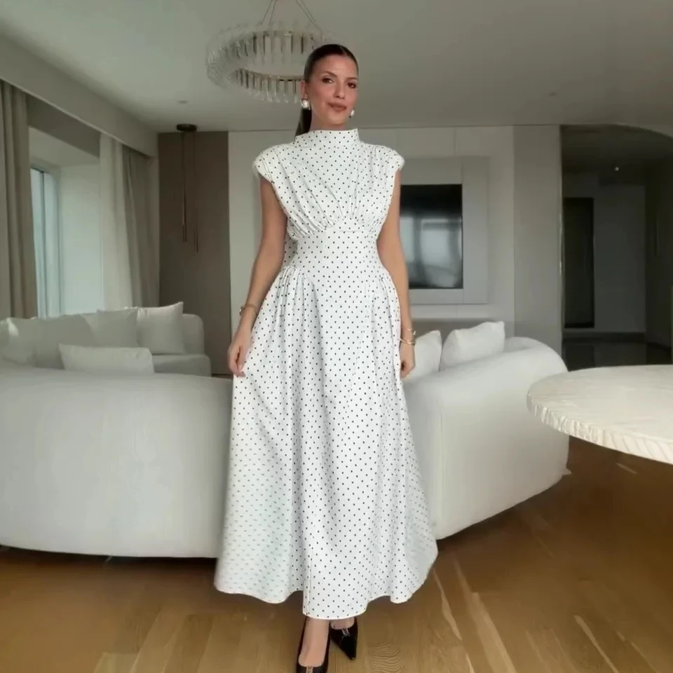 

2026 Spring New Fashion Elegant Sleeveless Polka Dot High Neck Pleated Waist Midi Dress Women