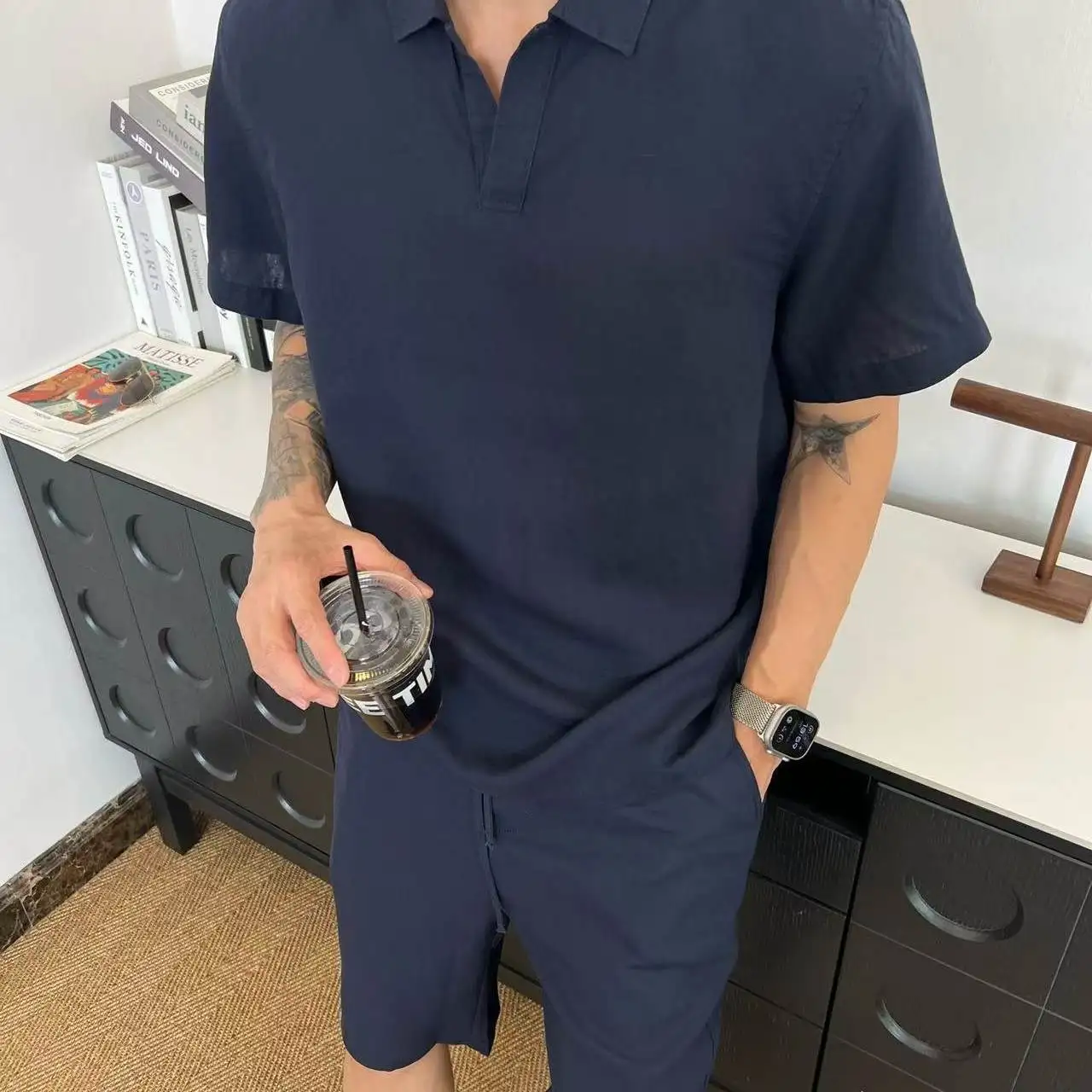 Italian Breathable Casual Short Sleeve Linen Blended Shorts Set