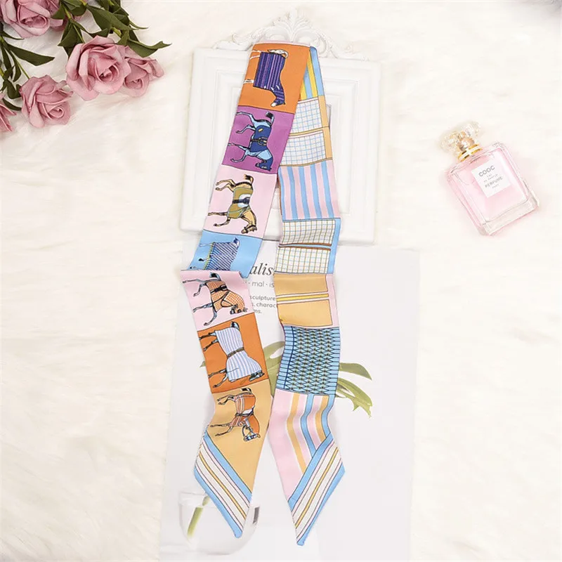 2024 New Skinny Brand Scarf Silk Scarf For Women Paris Horse Print Long Bag Scarf Handle Bag Ribbons Head Scarves Wraps