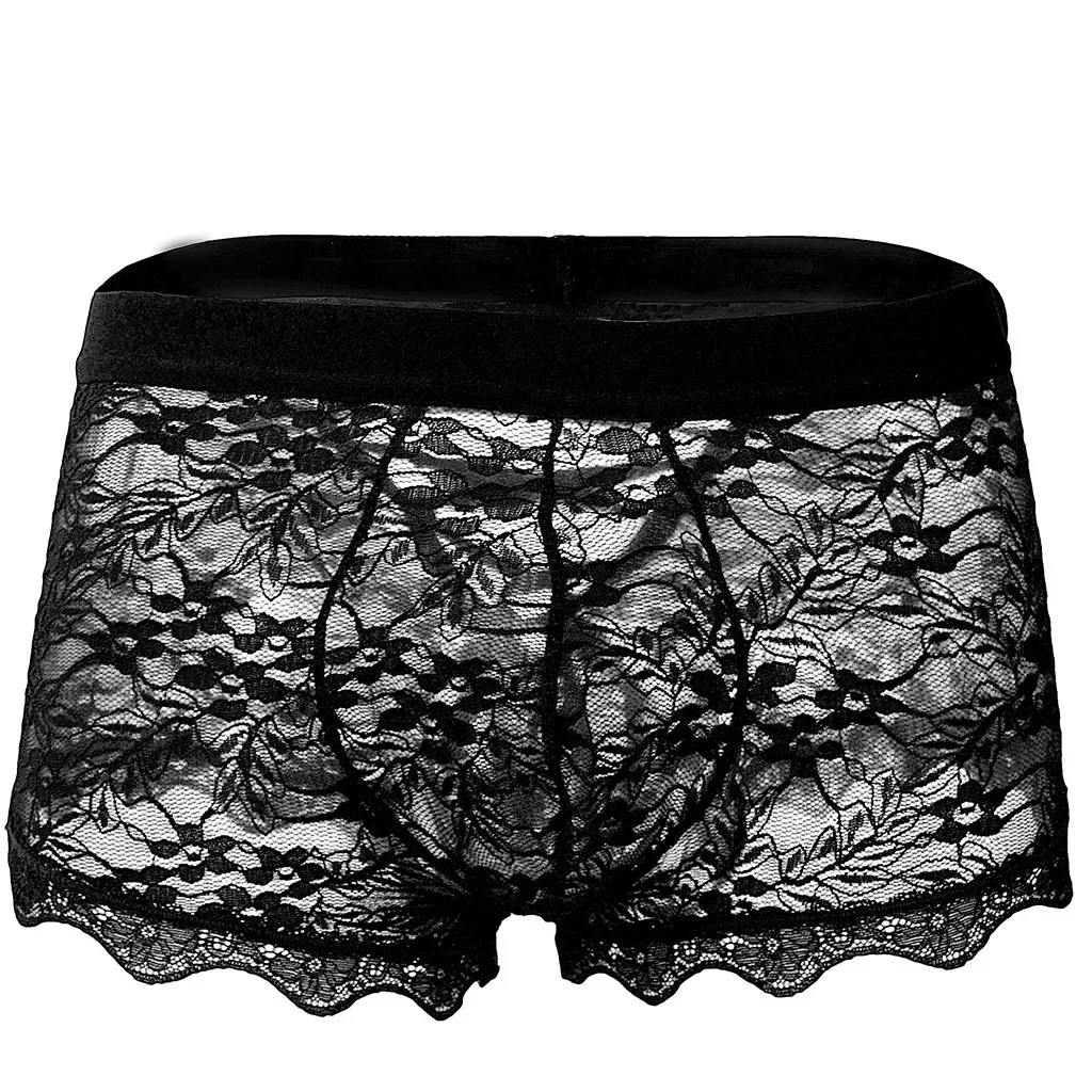 

Men's Erotic Bulge Panties Sissy Sexy Lace Floral Back Strap Tie Lace Up Transparent Mesh Low Rise u convex Pouch Boxer Shorts