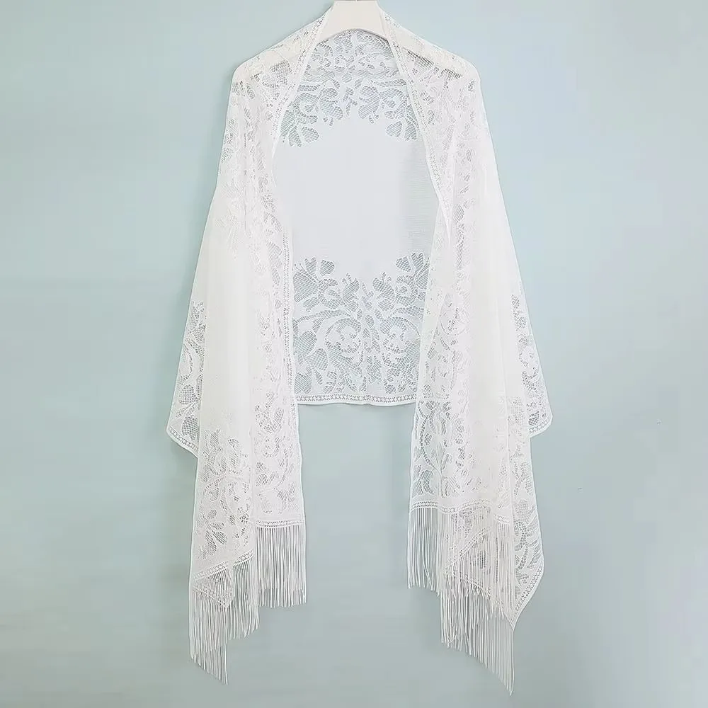 

Vintage Elegant Women's Shawls Floral Embroidery Tassel Scarf Thin Hollow Fringes Wraps Spring Summer