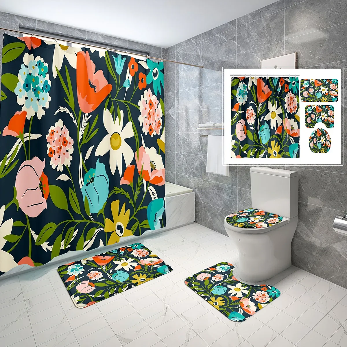 

4 Sets Floral Shower Curtain Sets with Non-Slip Bath Mat,Toilet Lid Cover Modern Home Colorful Flower Style Shower Curtain Set