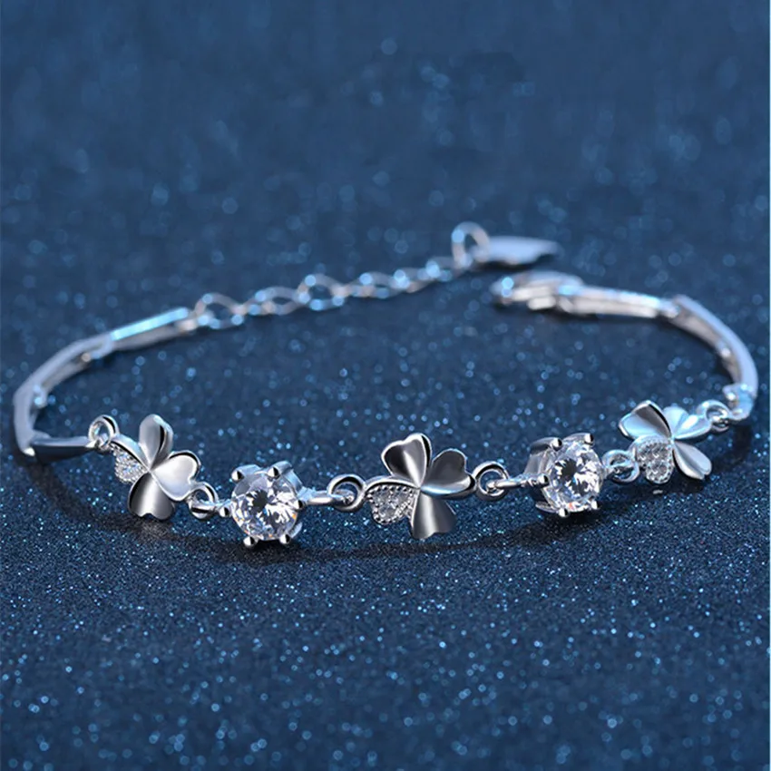 

hot 925 Sterling Silver Zircon Clover Bracelets crystals chain For Women Valentines Gift Wedding party cute Jewelry pulseras