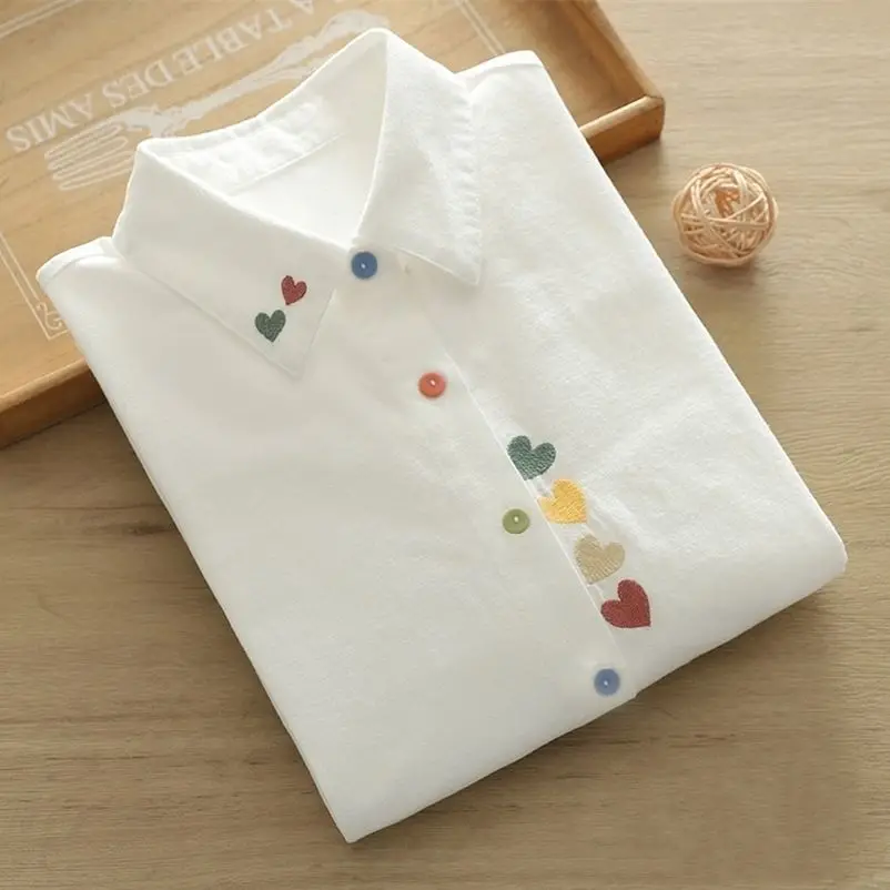 

Cotton Cartoon Pattern Embroidered Shirt, Spring Loose White Shirt, Women's Long Sleeved Top
