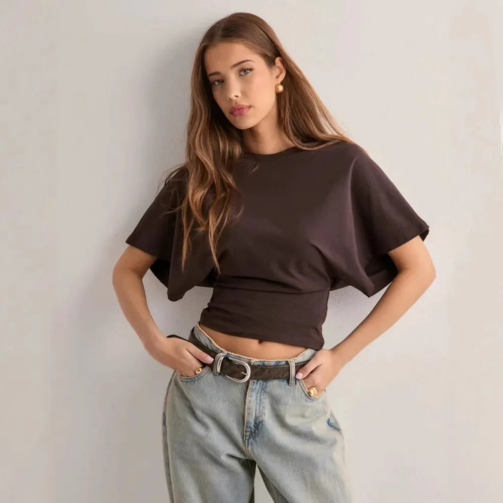 2025 Korean O-neck Short Sleeved Blouse Summer New Solid Color Loose Top Casual Waist Shirt Y2K Street Fashion Women's Top